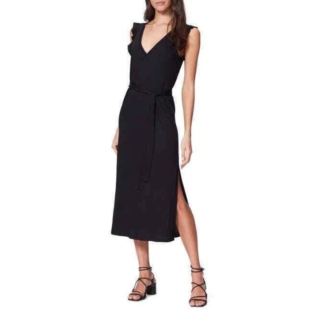 Paige Maxi Dress Women Small Black Ruffle Sleeve V-Neck Side Slit Minimalist LBD